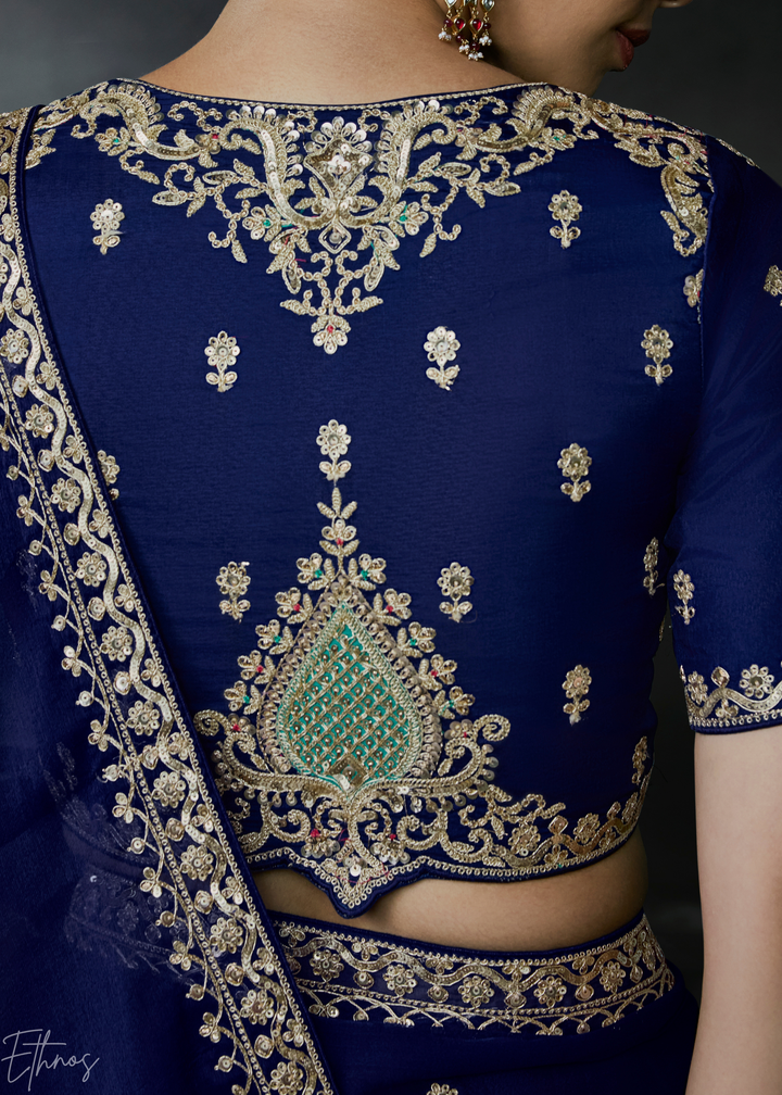 Royal Navy Blue Scallop Border Organza Silk Saree