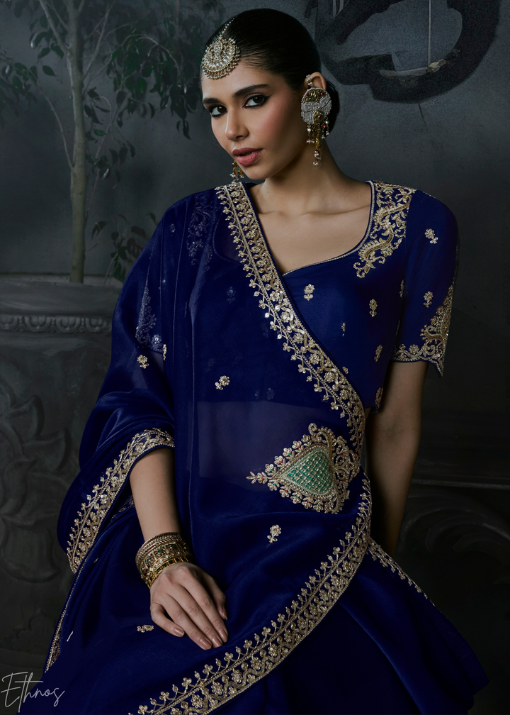 Royal Navy Blue Scallop Border Organza Silk Saree