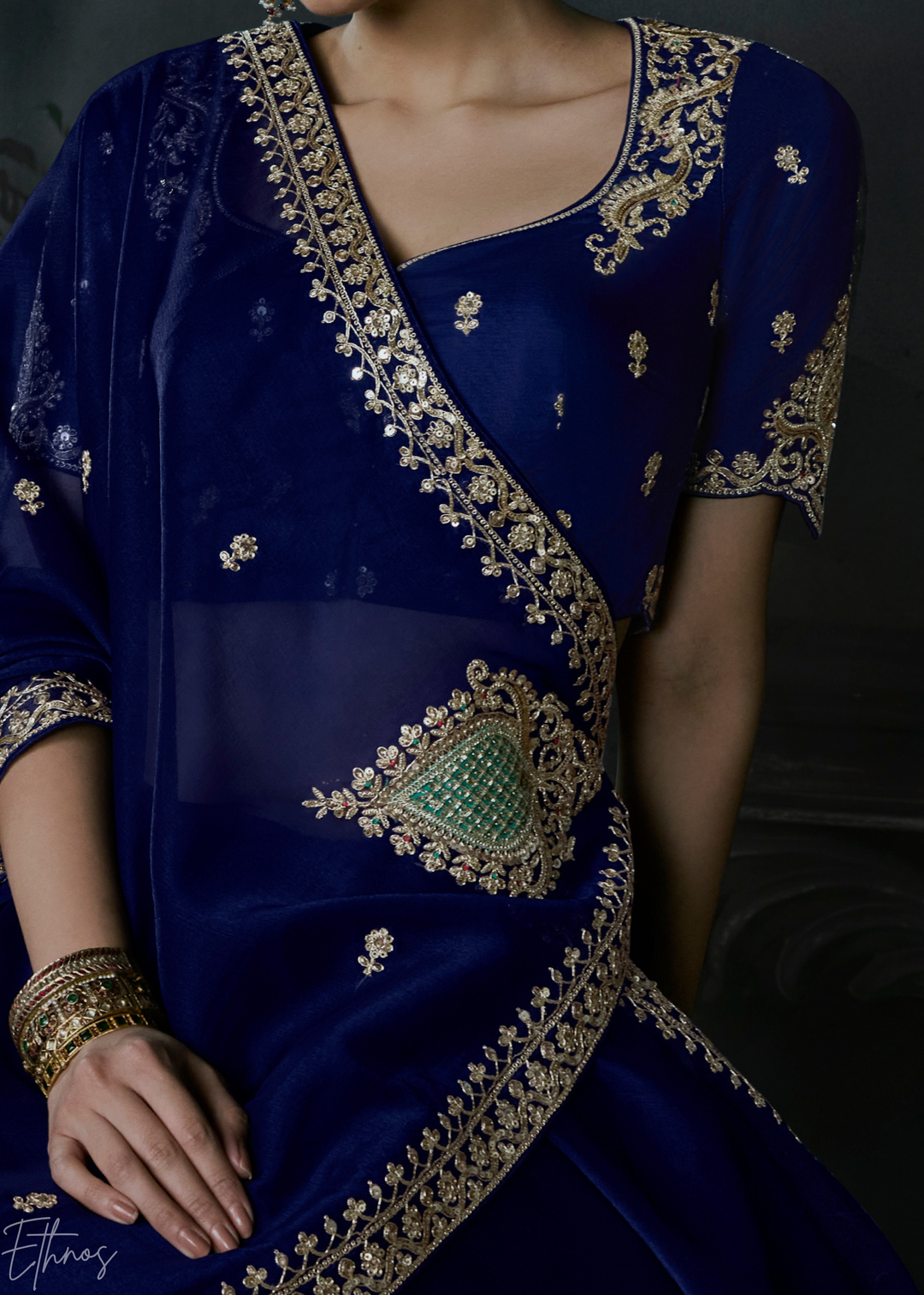 Royal Navy Blue Scallop Border Organza Silk Saree