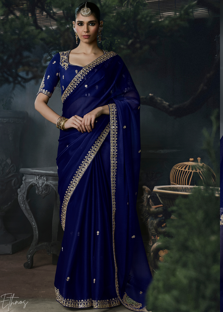 Royal Navy Blue Scallop Border Organza Silk Saree