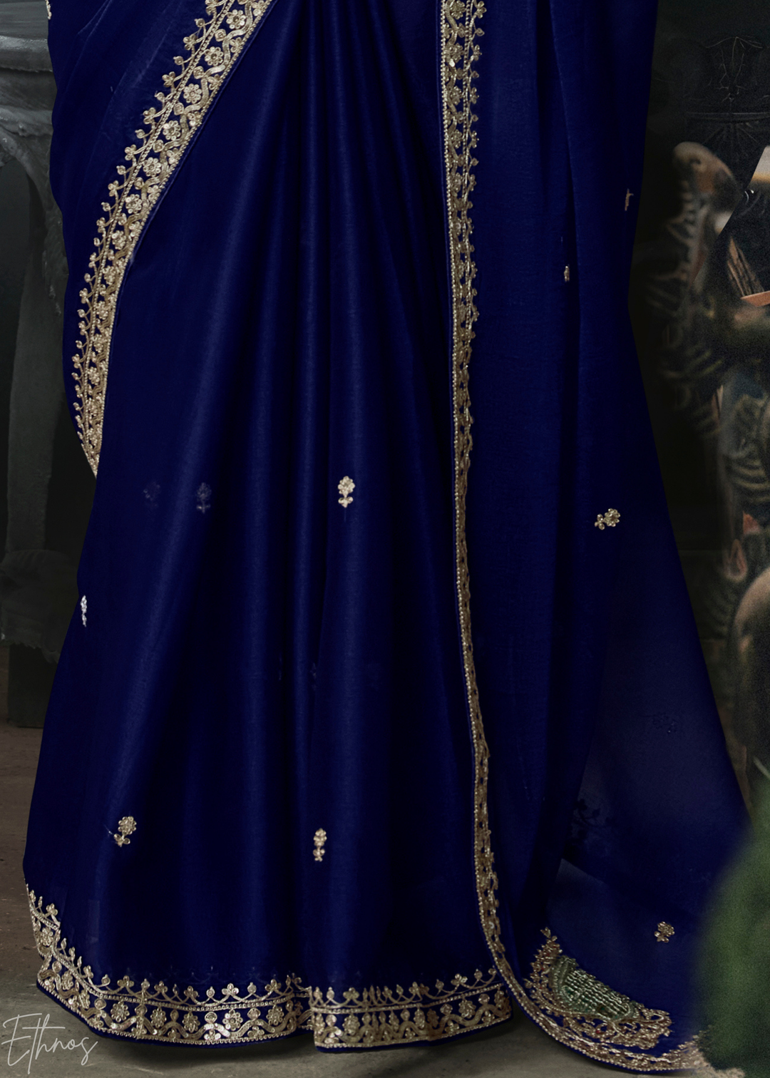 Royal Navy Blue Scallop Border Organza Silk Saree