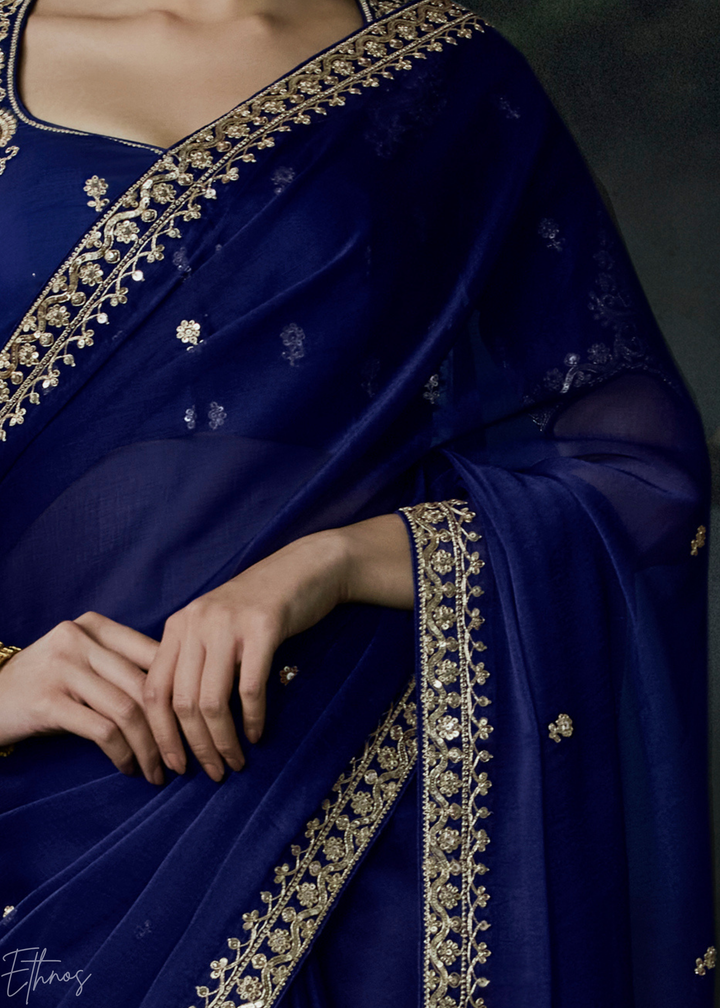 Royal Navy Blue Scallop Border Organza Silk Saree