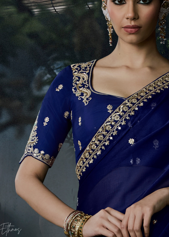 Royal Navy Blue Scallop Border Organza Silk Saree