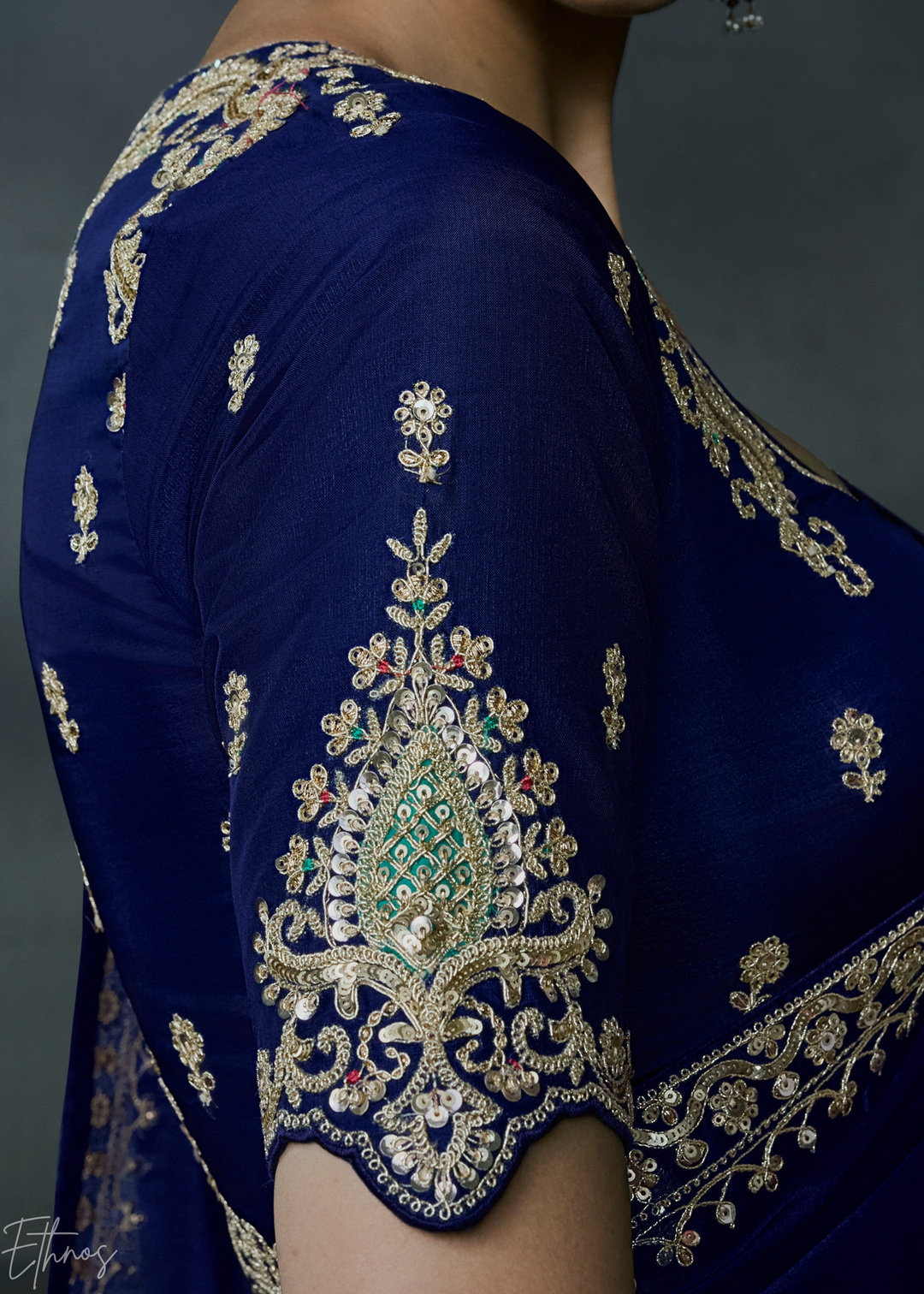 Royal Navy Blue Scallop Border Organza Silk Saree