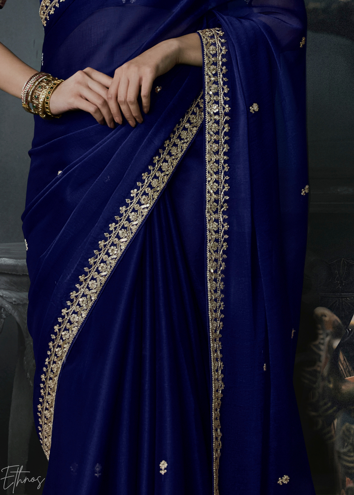 Royal Navy Blue Scallop Border Organza Silk Saree