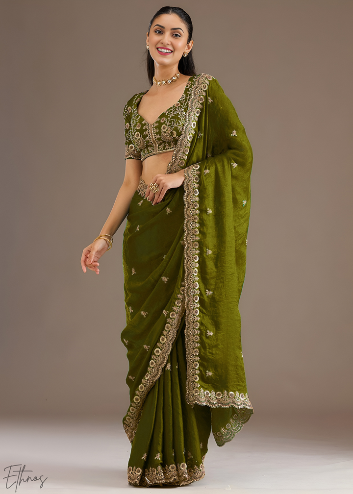 Royal Peridot Stellar Border Tissue Silk Saree