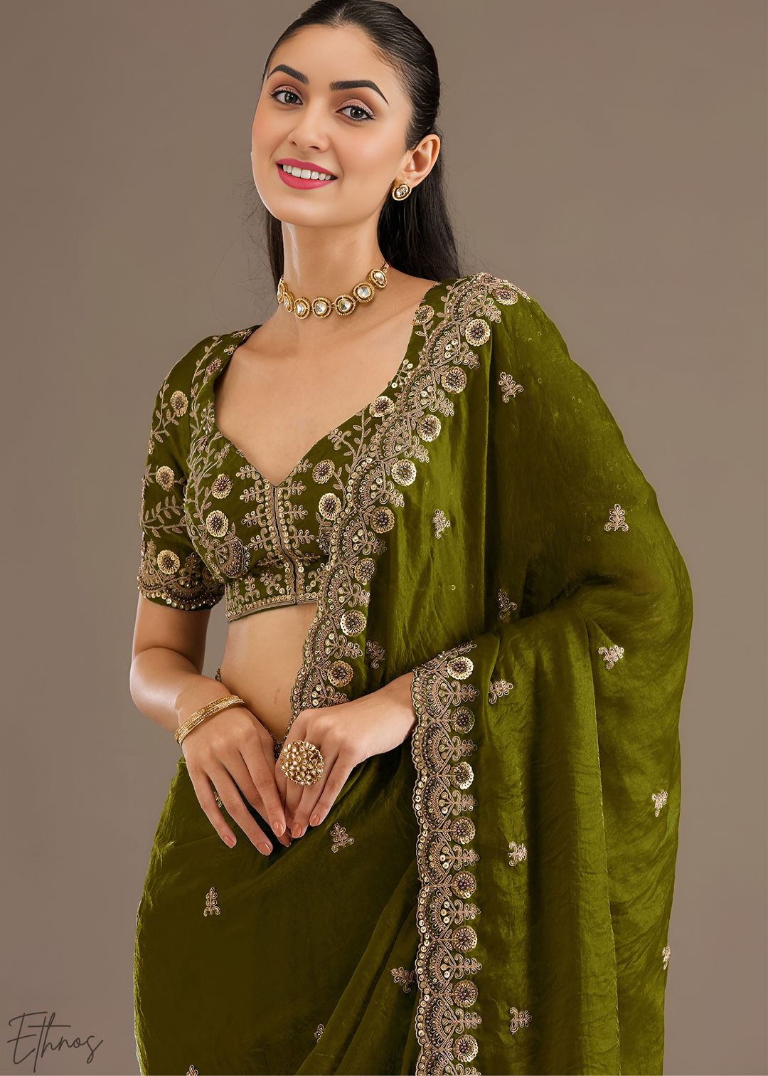 Royal Peridot Stellar Border Tissue Silk Saree