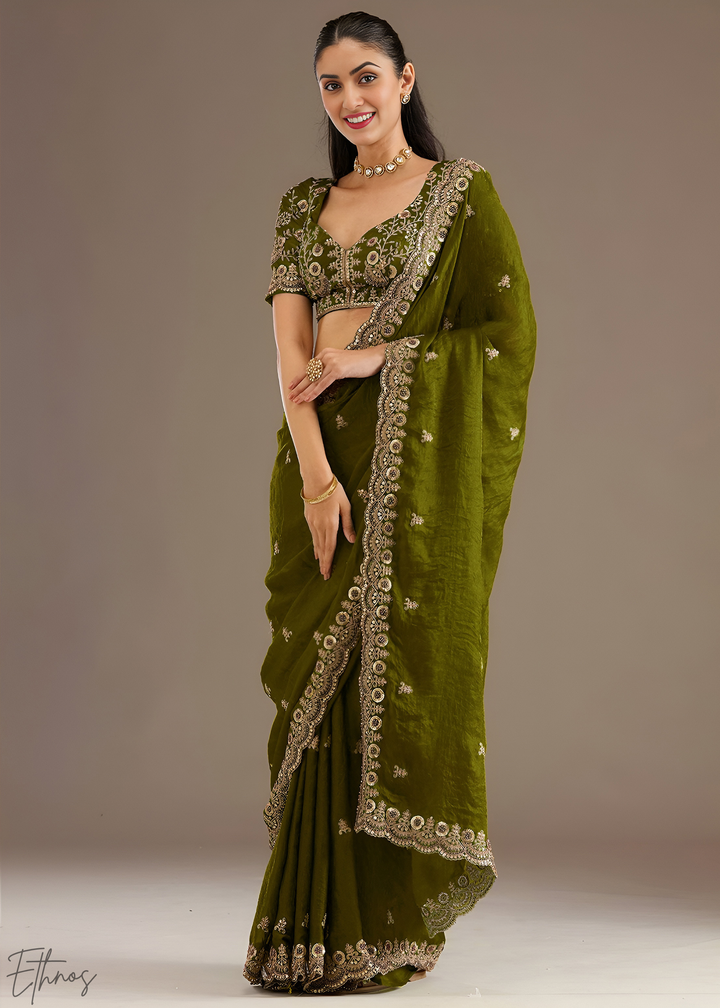 Royal Peridot Stellar Border Tissue Silk Saree