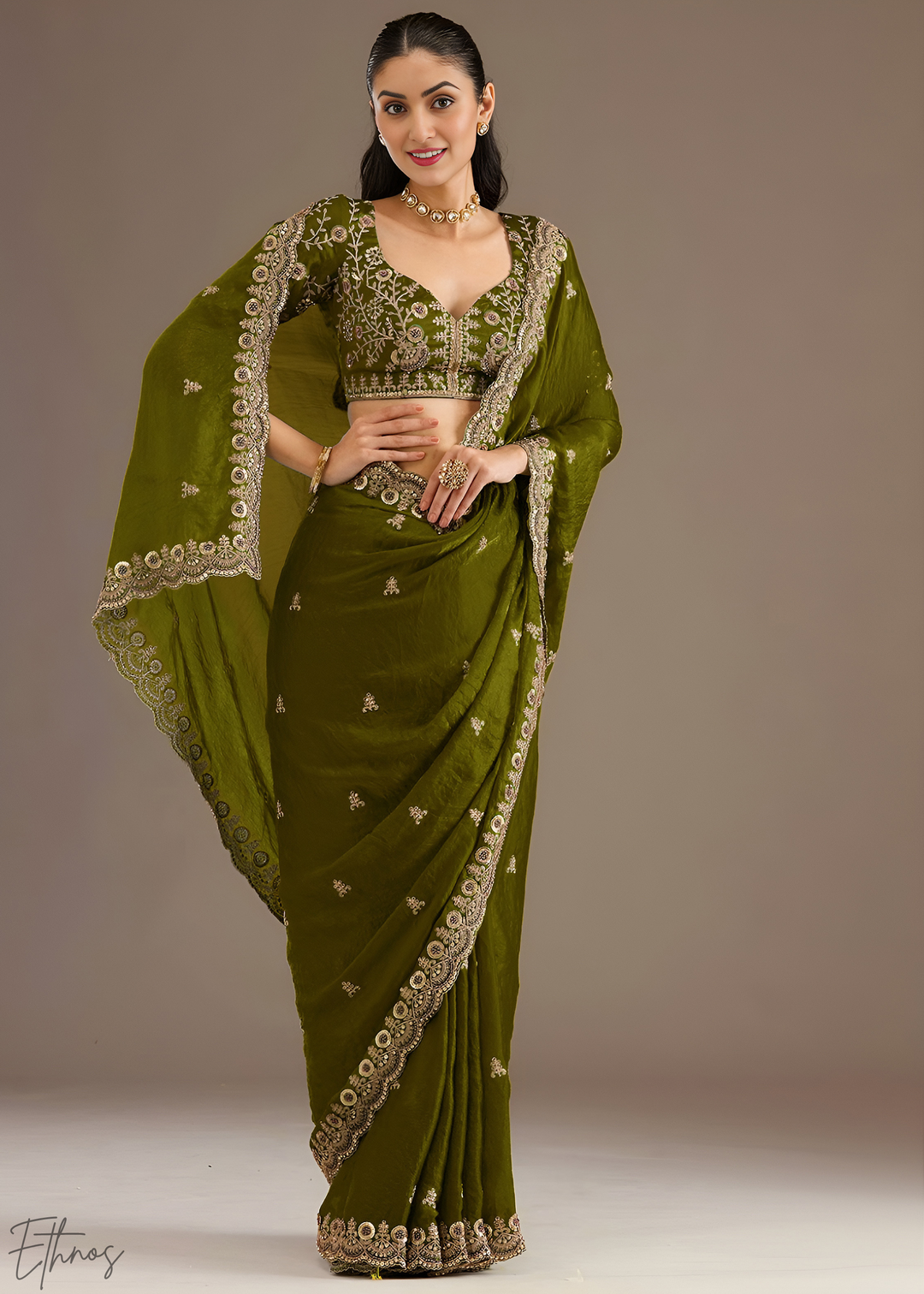 Royal Peridot Stellar Border Tissue Silk Saree