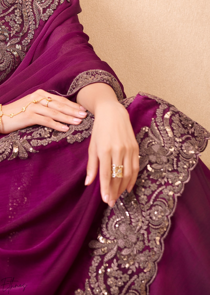 Royal Plum Classic Border Satin Georgette Saree