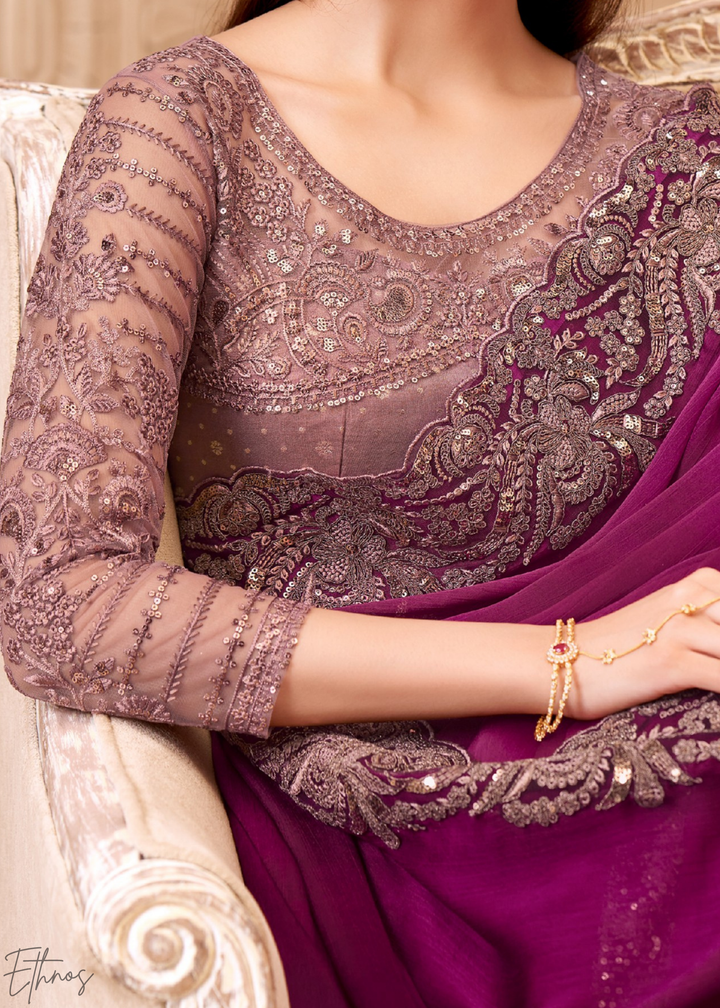 Royal Plum Classic Border Satin Georgette Saree
