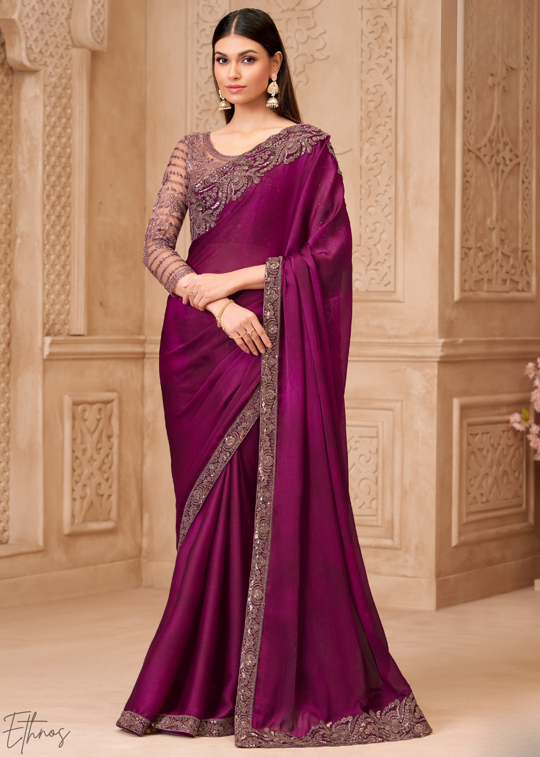 Royal Plum Classic Border Satin Georgette Saree