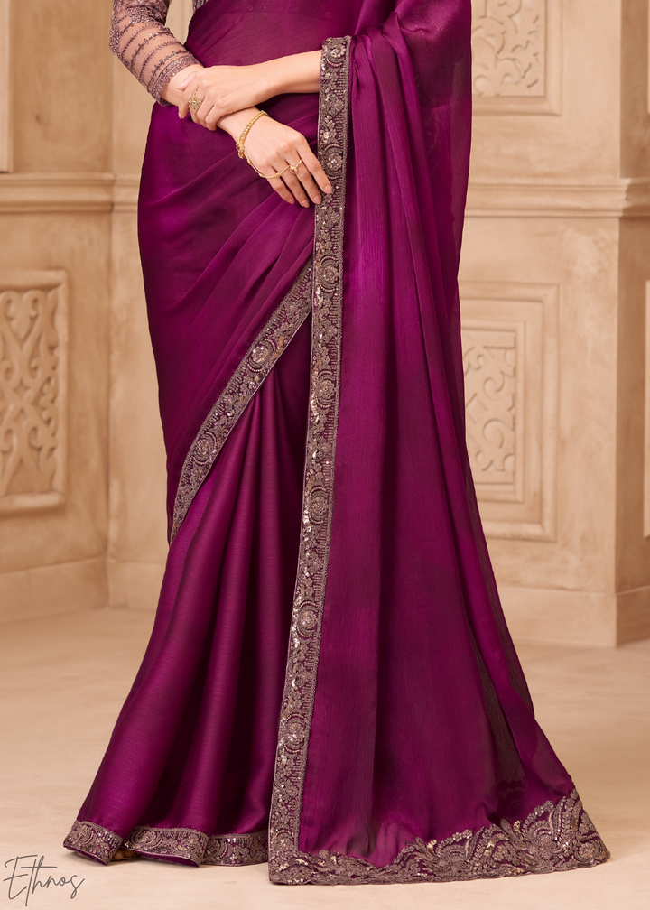 Royal Plum Classic Border Satin Georgette Saree