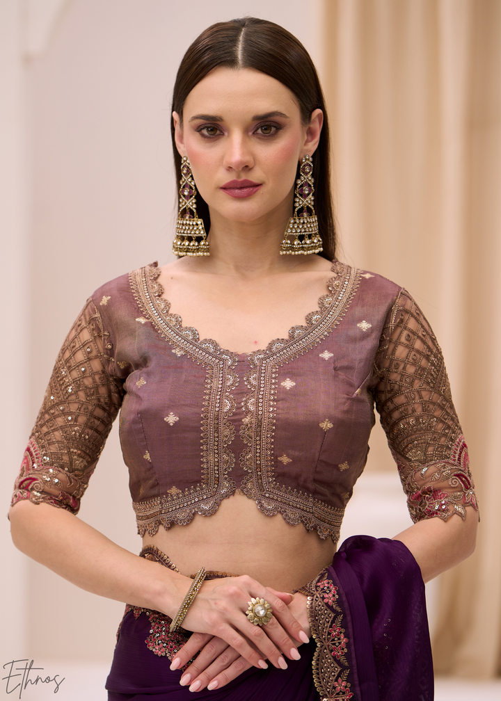Royal Plum Heavy Embellished Satin Chiffon Saree