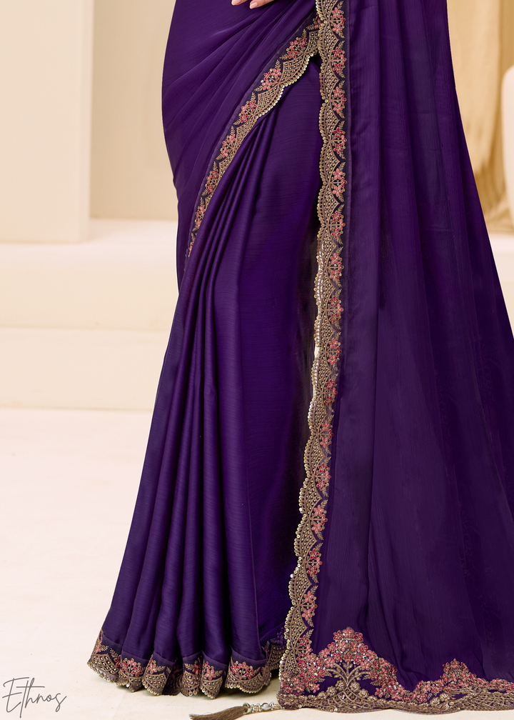 Royal Plum Heavy Embellished Satin Chiffon Saree