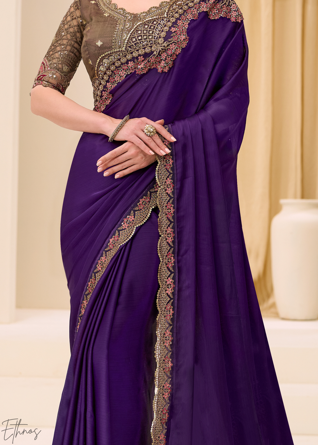 Royal Plum Heavy Embellished Satin Chiffon Saree