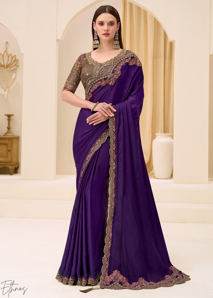 Royal Plum Heavy Embellished Satin Chiffon Saree