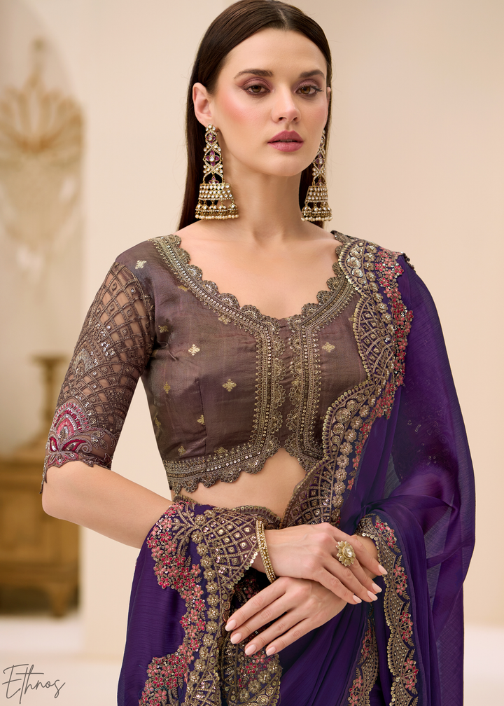 Royal Plum Heavy Embellished Satin Chiffon Saree
