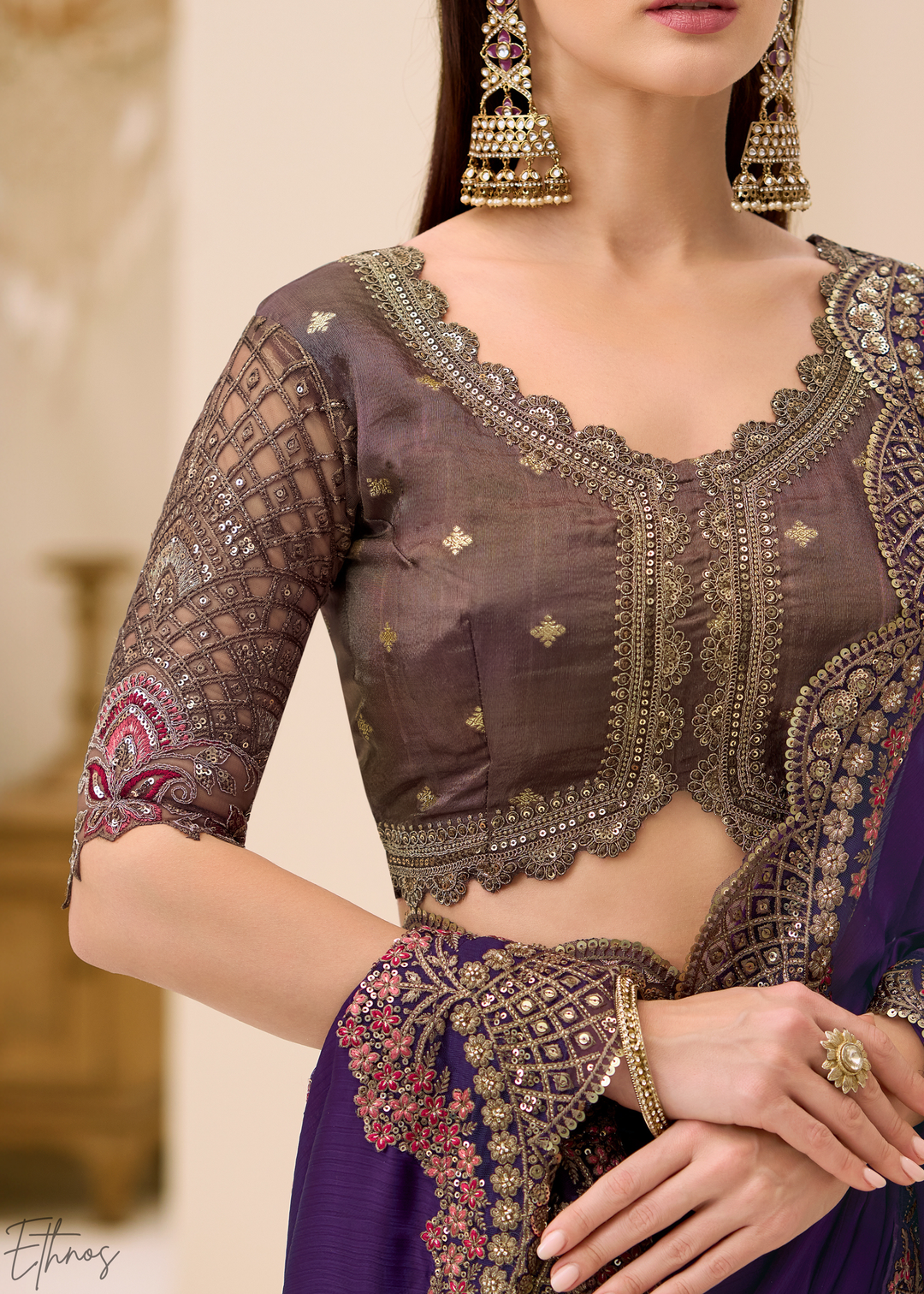 Royal Plum Heavy Embellished Satin Chiffon Saree