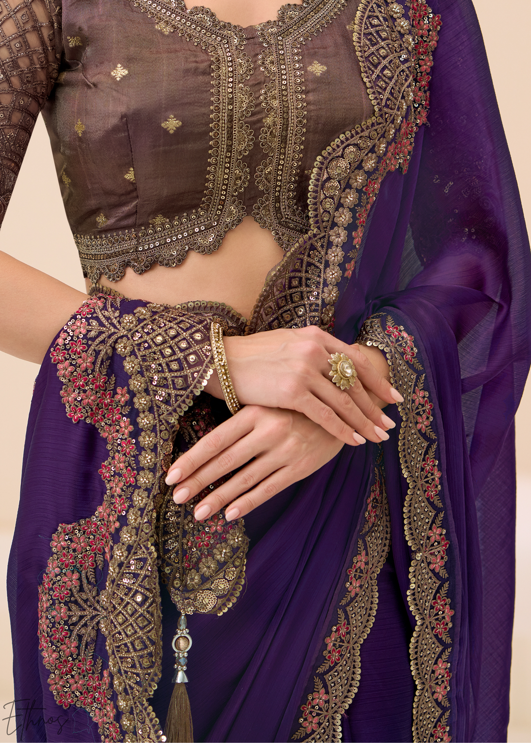 Royal Plum Heavy Embellished Satin Chiffon Saree