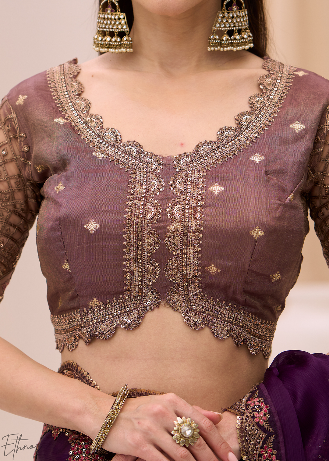 Royal Plum Heavy Embellished Satin Chiffon Saree