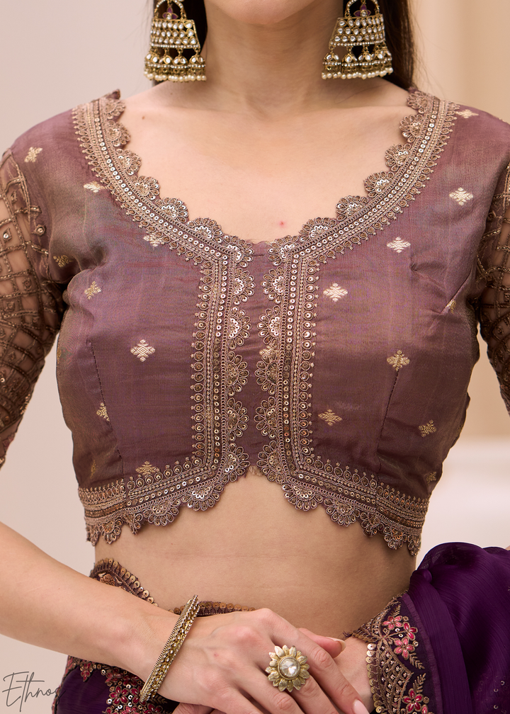Royal Plum Heavy Embellished Satin Chiffon Saree