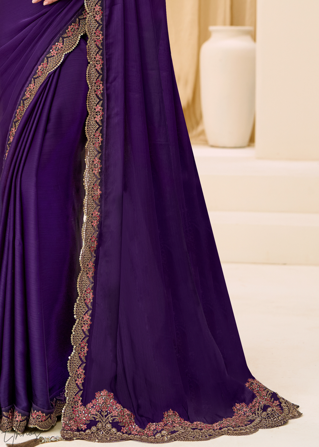 Royal Plum Heavy Embellished Satin Chiffon Saree