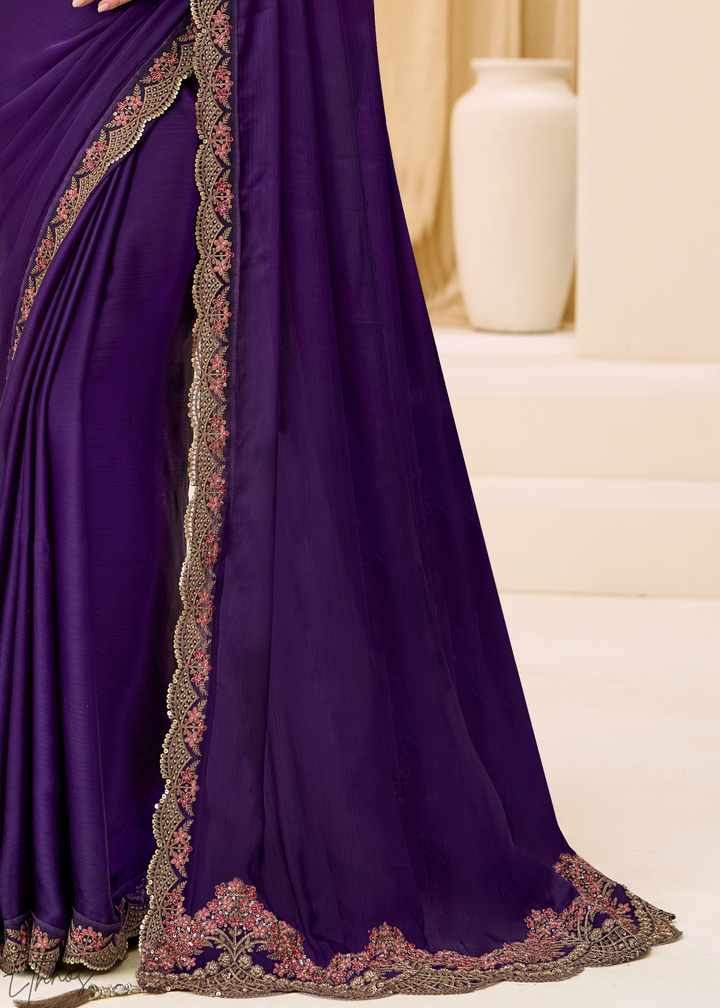 Royal Plum Heavy Embellished Satin Chiffon Saree