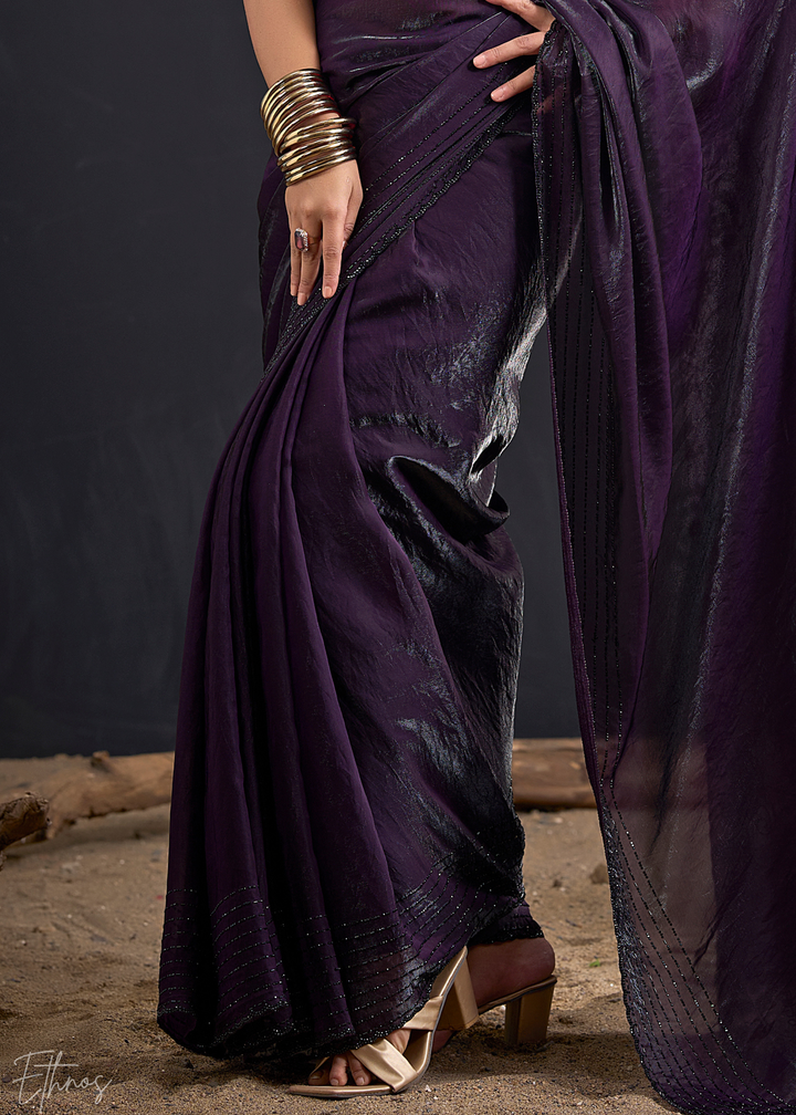 Royal Plum Linear-Flora Silk Saree
