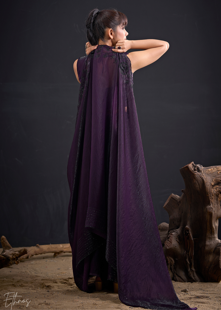 Royal Plum Linear-Flora Silk Saree