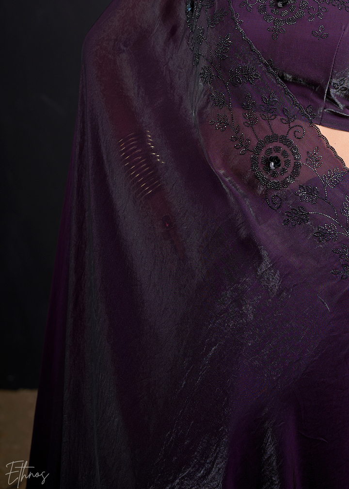 Royal Plum Linear-Flora Silk Saree
