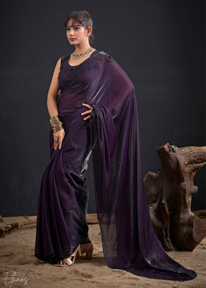 Royal Plum Linear-Flora Silk Saree