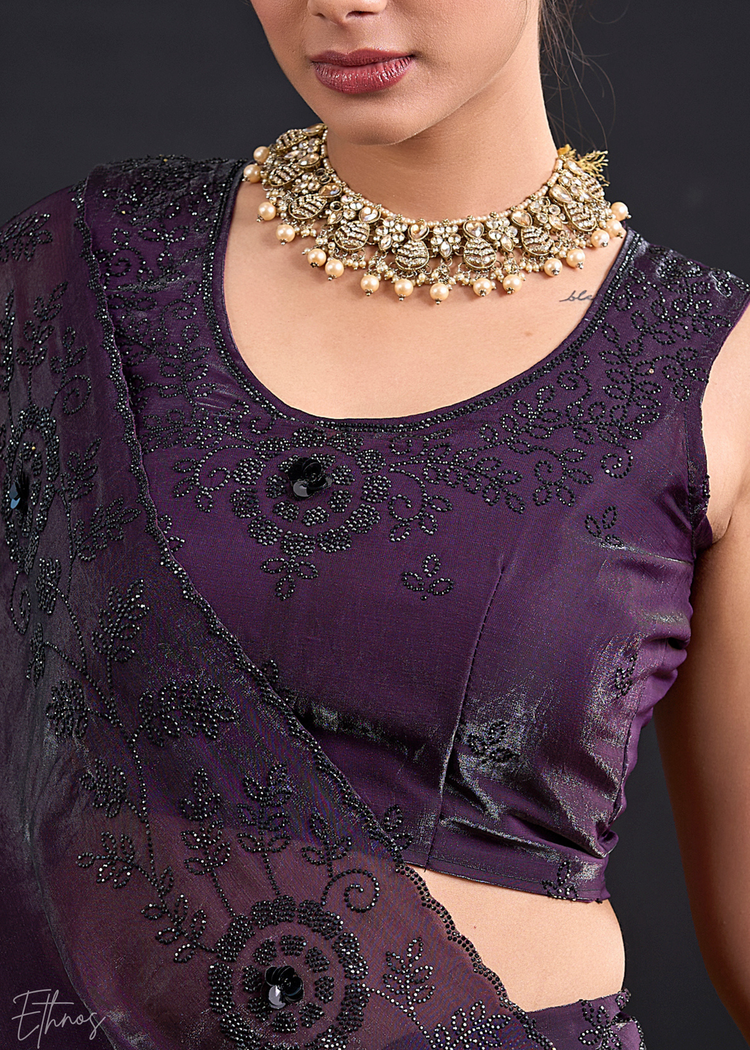 Royal Plum Linear-Flora Silk Saree