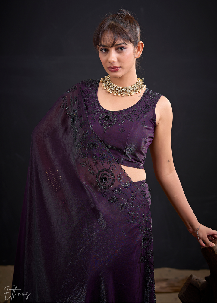 Royal Plum Linear-Flora Silk Saree