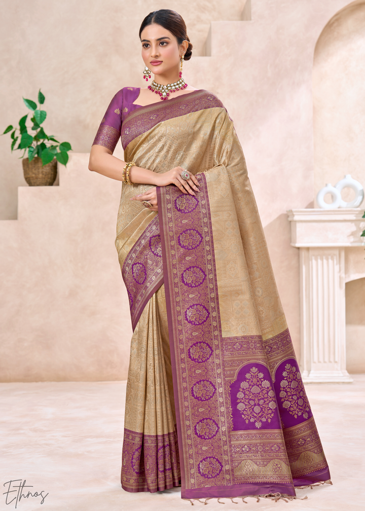 Royal Purple Botanical Panel Woven Silk Saree