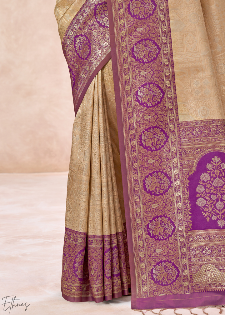 Royal Purple Botanical Panel Woven Silk Saree