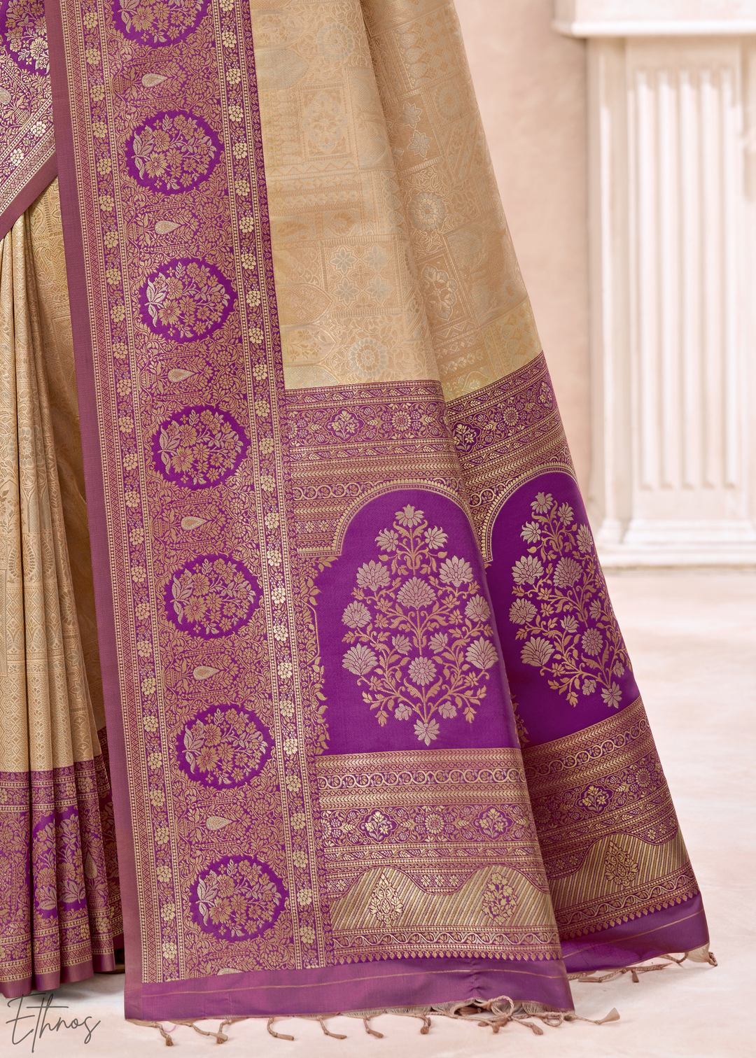 Royal Purple Botanical Panel Woven Silk Saree