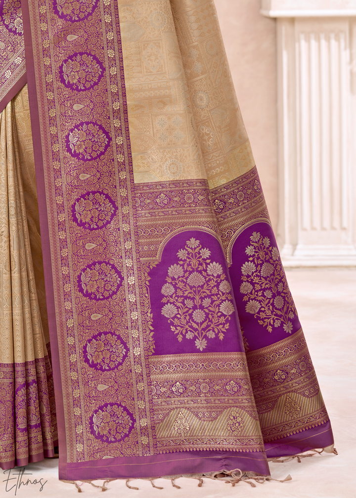 Royal Purple Botanical Panel Woven Silk Saree
