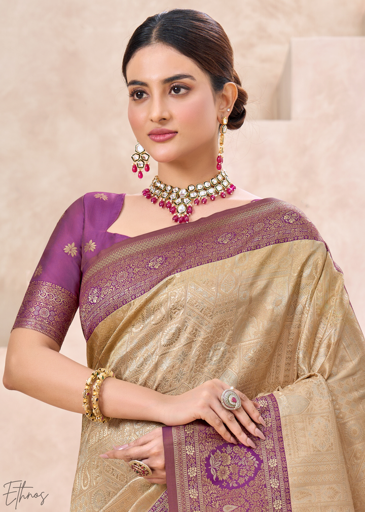 Royal Purple Botanical Panel Woven Silk Saree