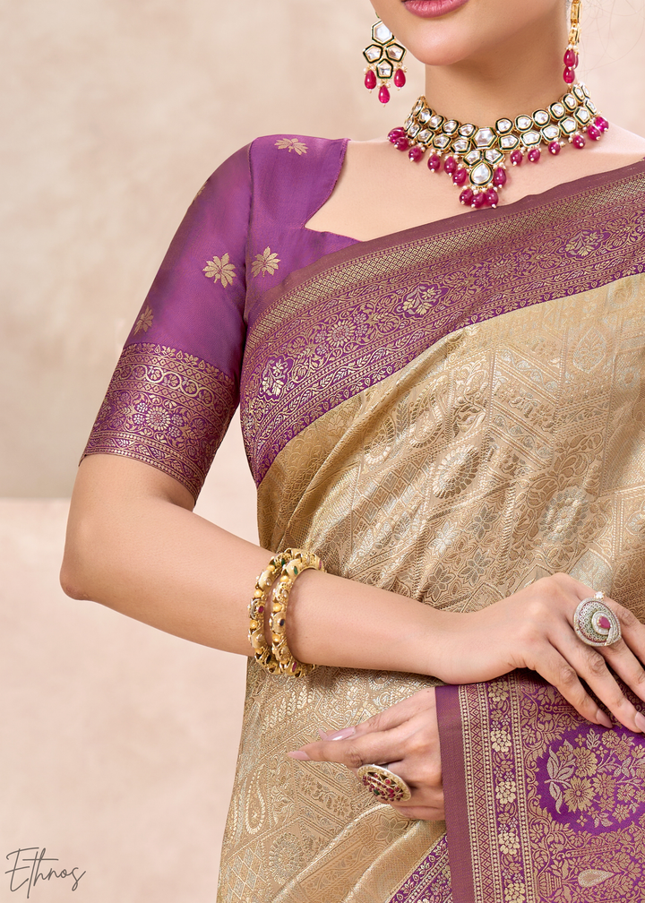 Royal Purple Botanical Panel Woven Silk Saree