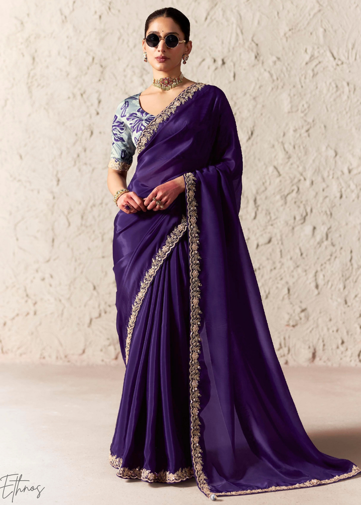 Royal Purple Embroidered Glass Tissue Designer Saree