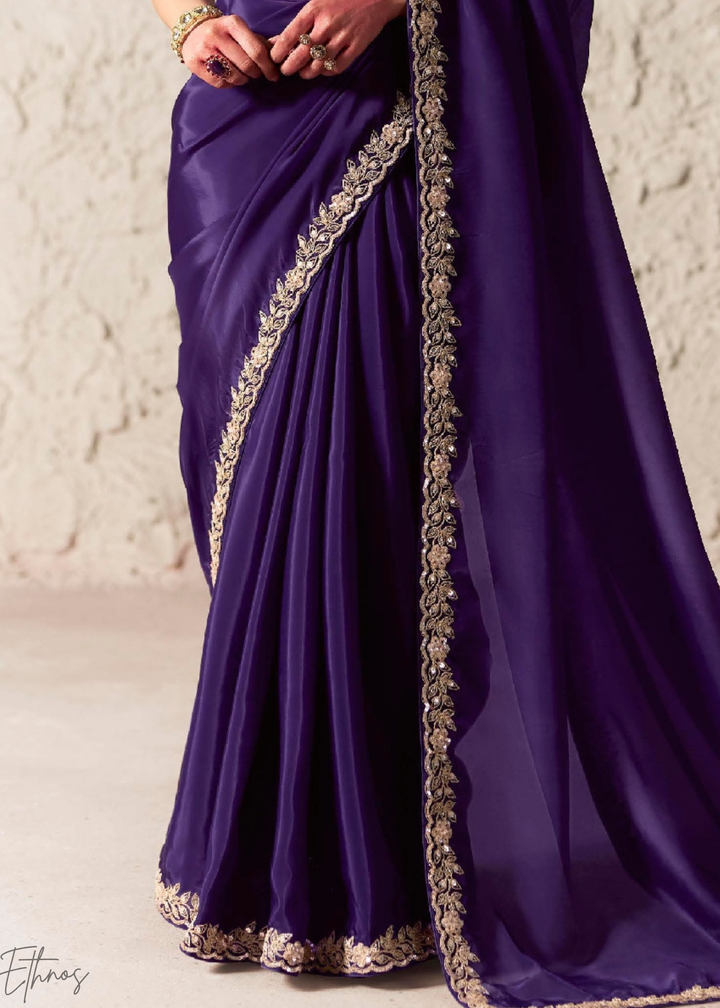 Royal Purple Embroidered Glass Tissue Designer Saree