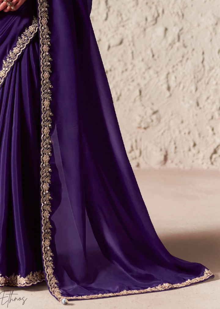 Royal Purple Embroidered Glass Tissue Designer Saree