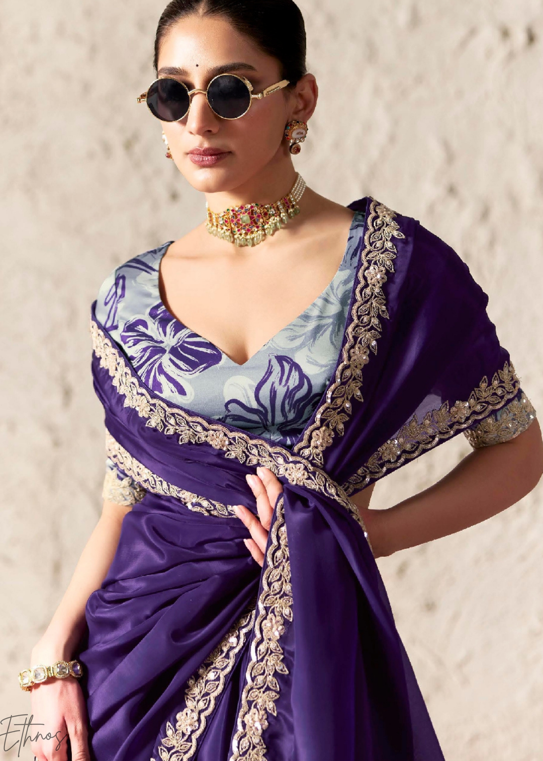 Royal Purple Embroidered Glass Tissue Designer Saree