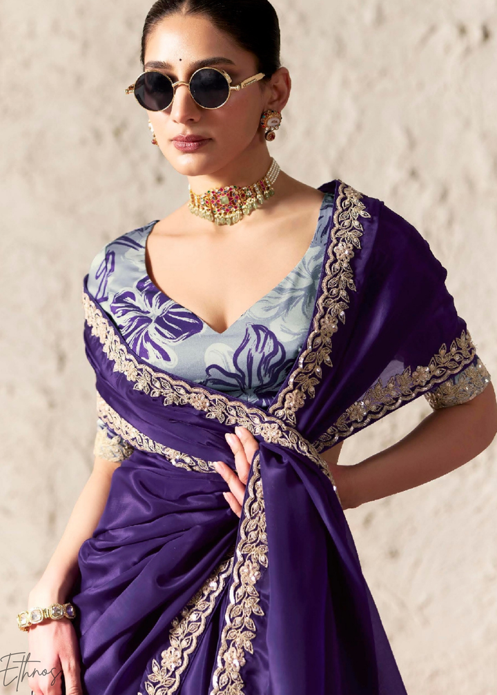 Royal Purple Embroidered Glass Tissue Designer Saree