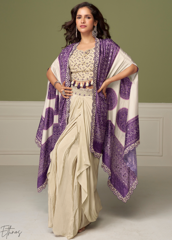 Royal Purple Foil Printed Chinon Cape Cowl Set