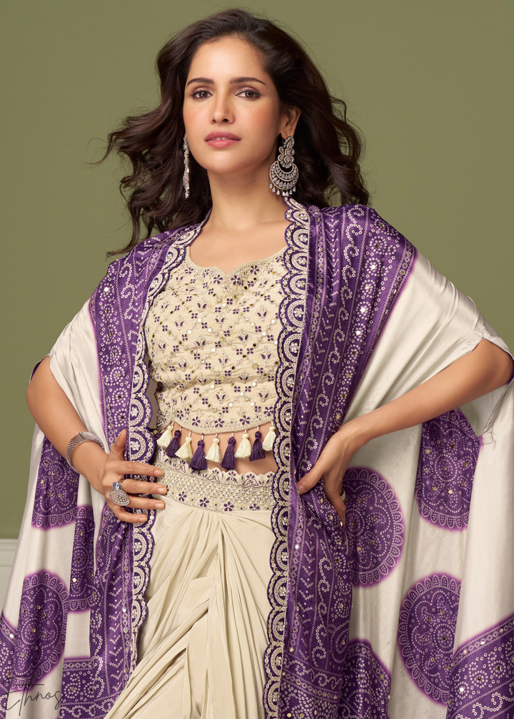 Royal Purple Foil Printed Chinon Cape Cowl Set
