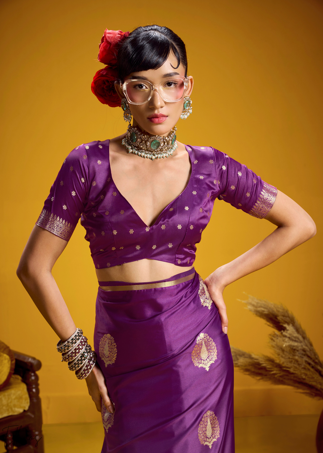 Royal Purple Gold-Infused Jacquard Satin Silk Saree