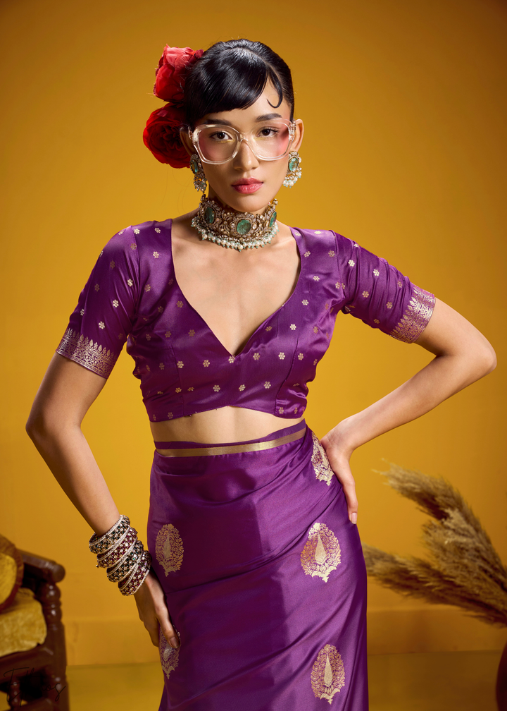 Royal Purple Gold-Infused Jacquard Satin Silk Saree
