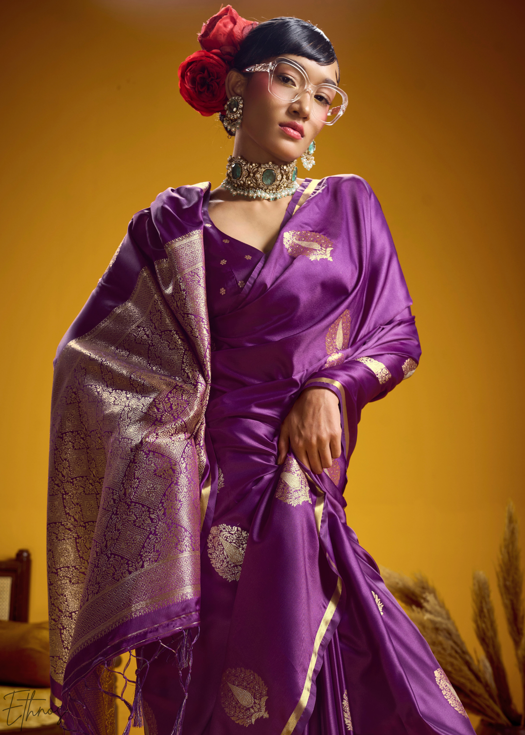 Royal Purple Gold-Infused Jacquard Satin Silk Saree